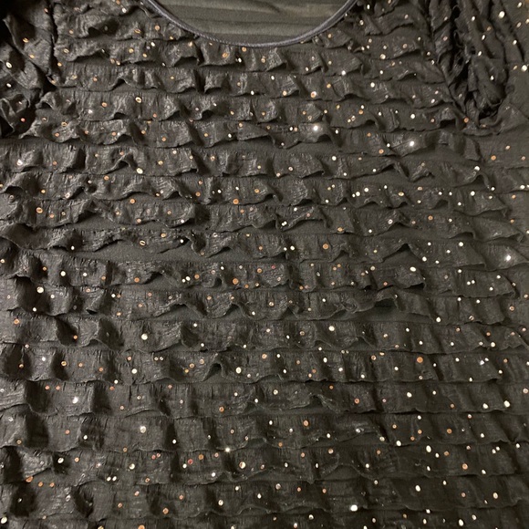 Jet Black Fancy crepe-ish fabric Top with sequins & small ruffles, lightweight - Picture 7 of 9